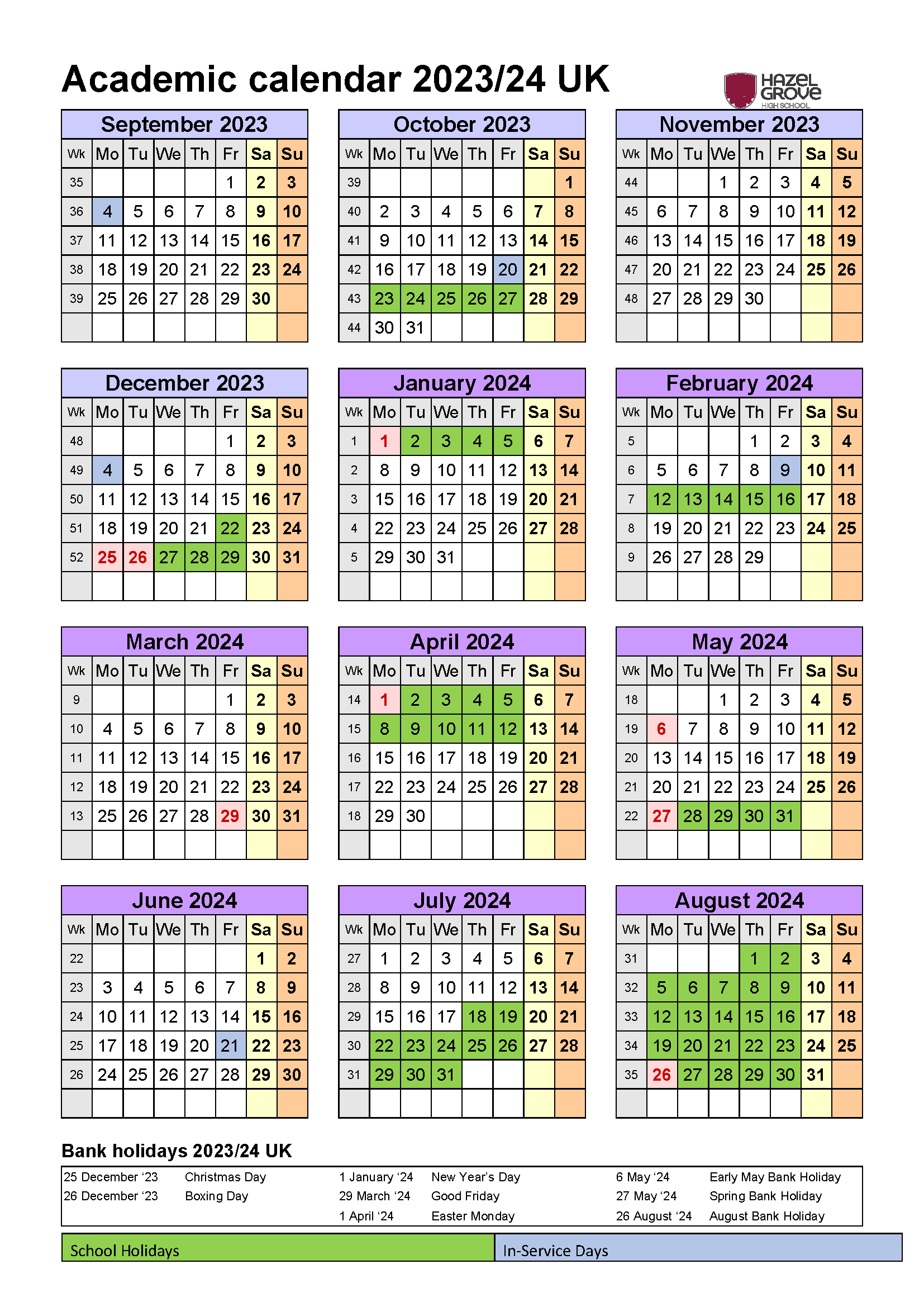 2023-2024 calendar view of the school term dates