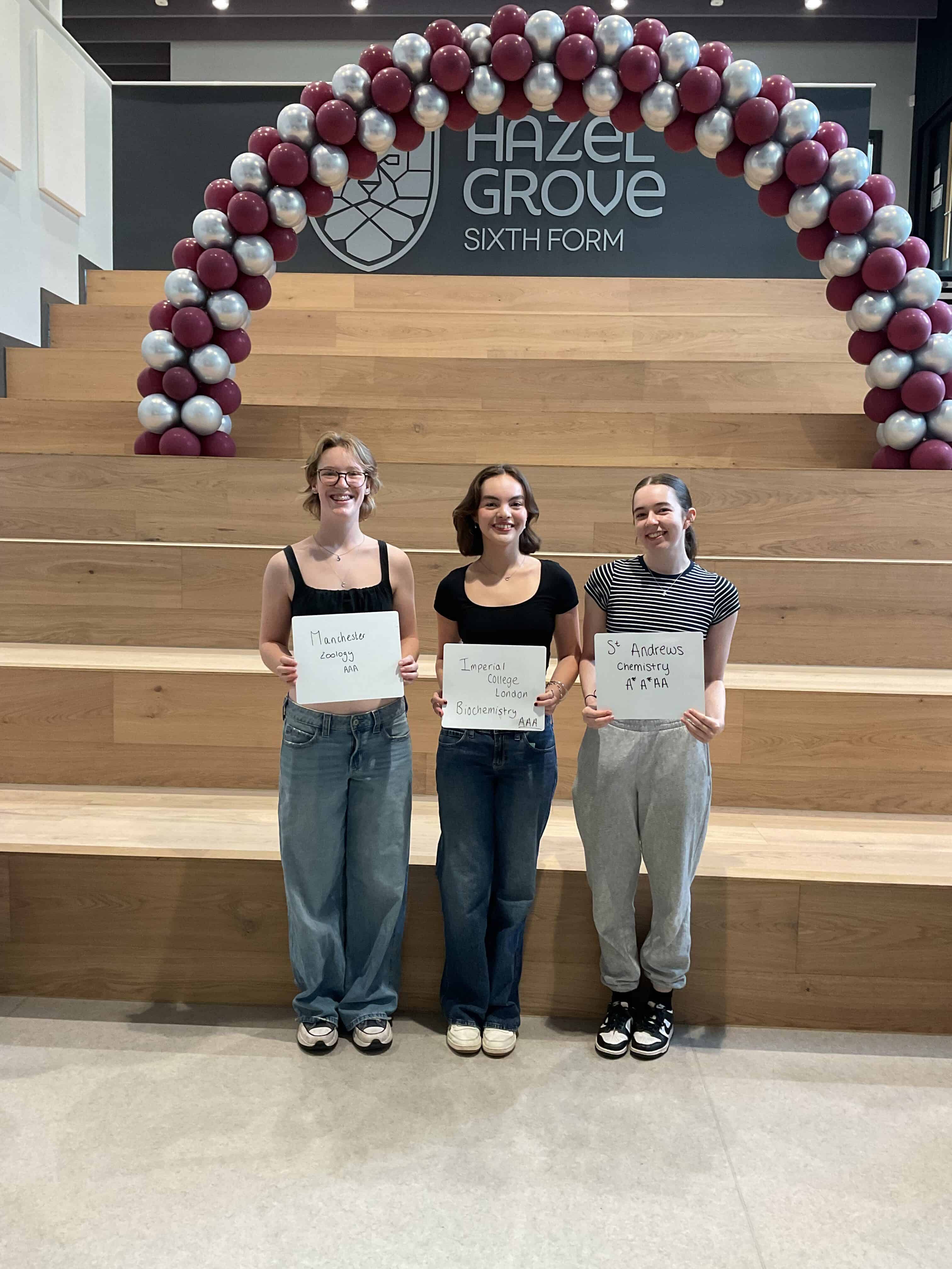 From left to right; Emily, Lizzie and Abbie achieved A*/A in all of their subjects and are going to Manchester University to study Zoology, Imperial College London to study Biochemistry and St Andrews University to study Chemistry