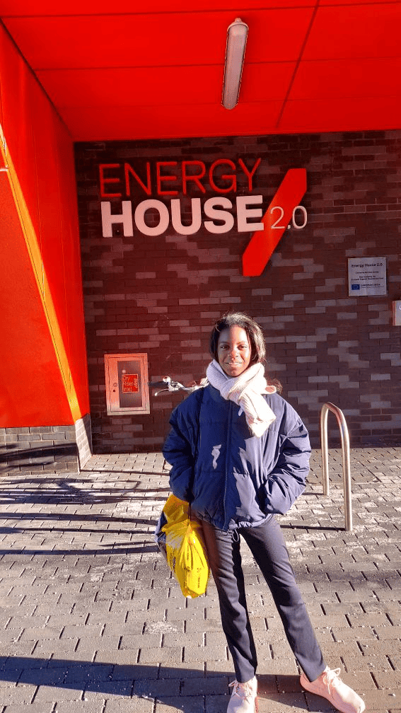 Hazel Grove High School student Iara stands outside of the Energy House Labs before her feature on Sky Kids FYI weekly news show.